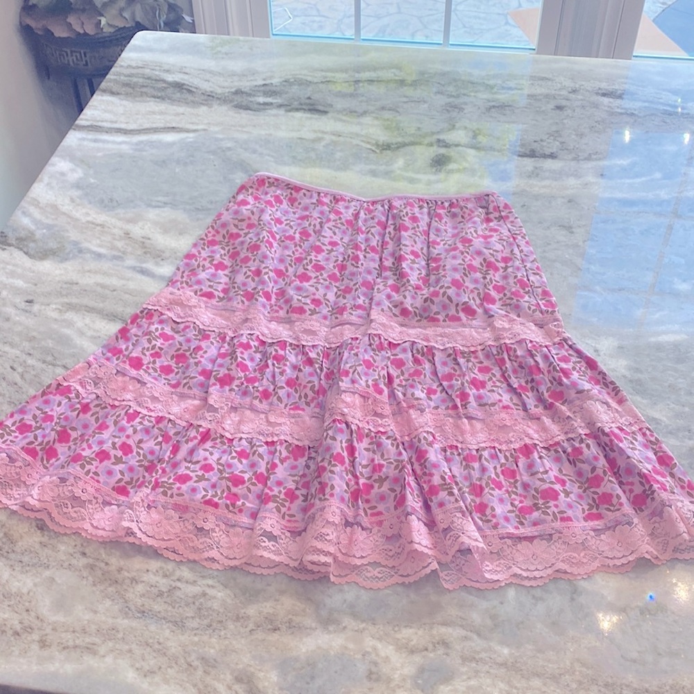 Roxy Pink Floral Tiered Lace Midi Skirt